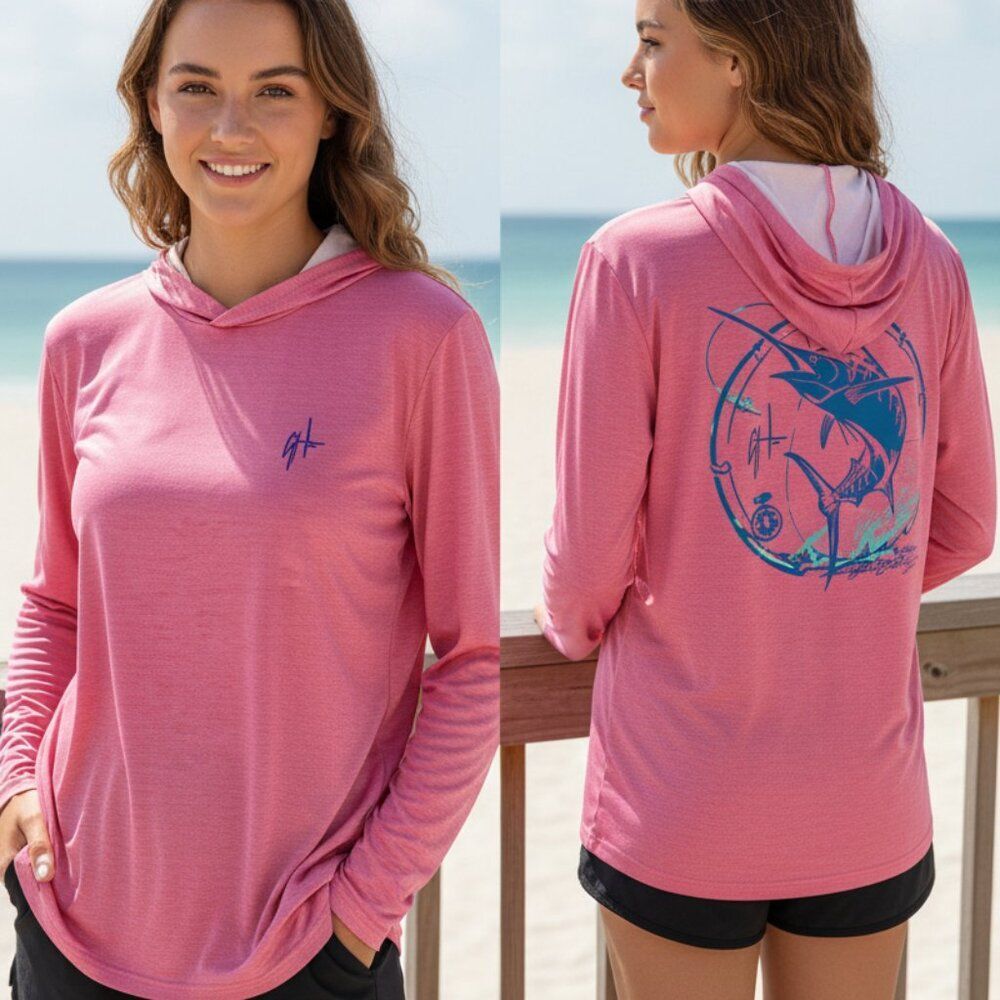 Guy Harvey Performance Pink Marlin Logo Hooded Long Sleeve T-Shirt Size Large
